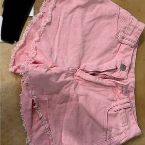 SHEIN Pink Frayed Hem Jean Shorts